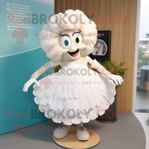 White Oyster mascot costume character dressed with a Skirt and Hair clips