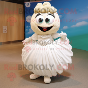 White Oyster mascot costume character dressed with a Skirt and Hair clips