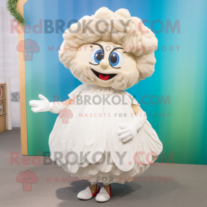White Oyster mascot costume character dressed with a Skirt and Hair clips