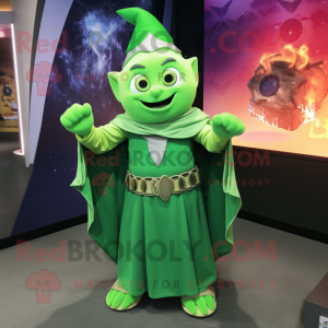 Green Wizard mascot costume character dressed with a Tank Top and Bracelets