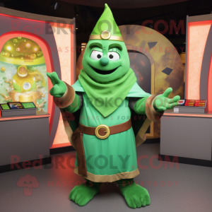 Green Wizard mascot costume character dressed with a Tank Top and Bracelets