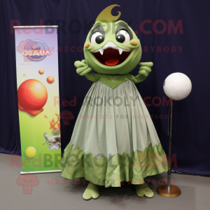 Olive Piranha mascot costume character dressed with a Ball Gown and Pocket squares