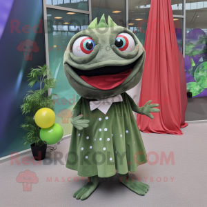 Olive Piranha mascot costume character dressed with a Ball Gown and Pocket squares