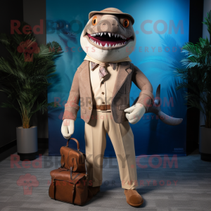 Tan Megalodon mascot costume character dressed with a Bermuda Shorts and Pocket squares