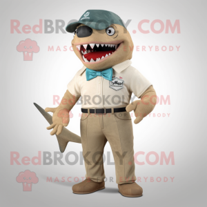 Tan Megalodon mascot costume character dressed with a Bermuda Shorts and Pocket squares