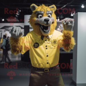 Yellow Werewolf mascot costume character dressed with a Button-Up Shirt and Lapel pins