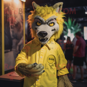 Yellow Werewolf mascot costume character dressed with a Button-Up Shirt and Lapel pins