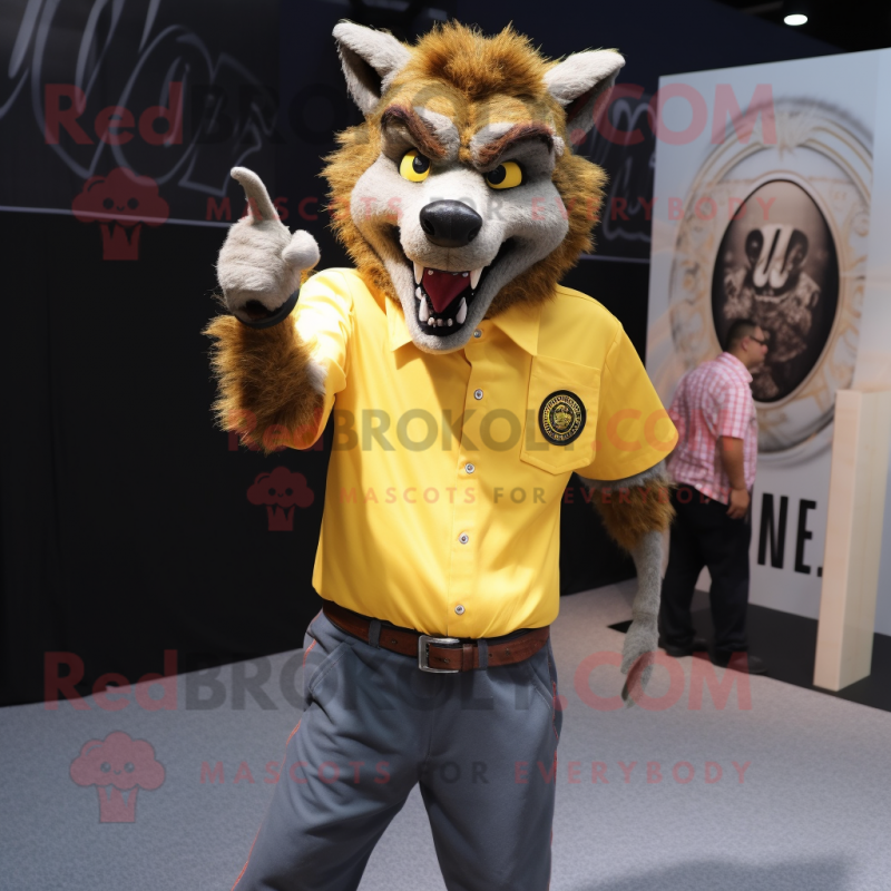 Yellow Werewolf mascot costume character dressed with a Button-Up Shirt and Lapel pins Yellow Werewolf mascot costume character dressed with a Button-Up Shirt and Lapel pins