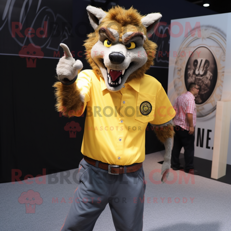 Yellow Werewolf mascot costume character dressed with a Button-Up Shirt and Lapel pins