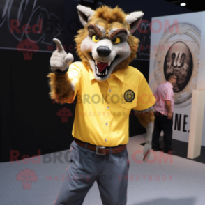 Yellow Werewolf mascot costume character dressed with a Button-Up Shirt and Lapel pins