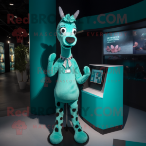 Teal Giraffe mascot costume character dressed with a Sheath Dress and Mittens