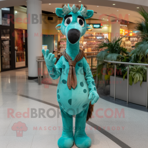 Teal Giraffe mascot costume character dressed with a Sheath Dress and Mittens