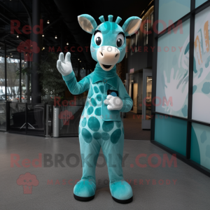 Teal Giraffe mascot costume character dressed with a Sheath Dress and Mittens