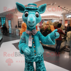 Teal Giraffe mascot costume character dressed with a Sheath Dress and Mittens