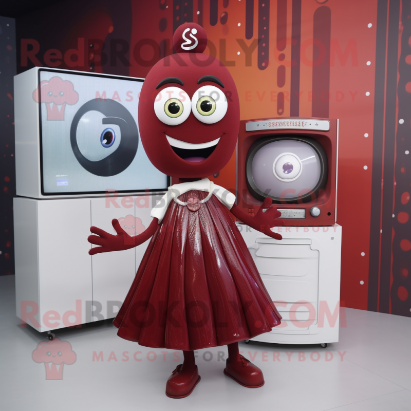 Maroon Television mascot costume character dressed with a Circle Skirt and Hairpins