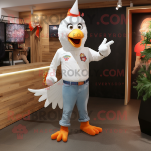 White Tandoori Chicken mascot costume character dressed with a Bootcut Jeans and Hairpins