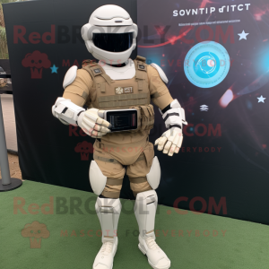 White Marine Recon mascot costume character dressed with a Rugby Shirt and Smartwatches