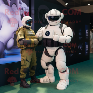White Marine Recon mascot costume character dressed with a Rugby Shirt and Smartwatches