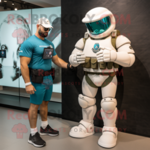 White Marine Recon mascot costume character dressed with a Rugby Shirt and Smartwatches