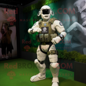 White Marine Recon mascot costume character dressed with a Rugby Shirt and Smartwatches