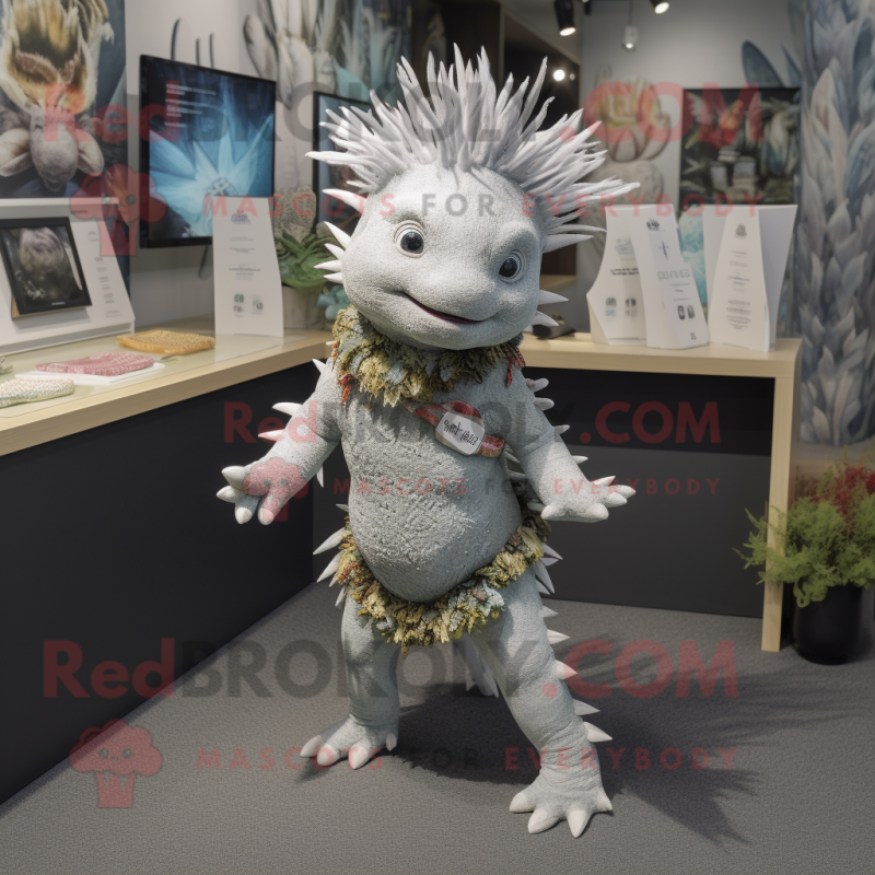 Gray Axolotls mascot costume character dressed with a Bodysuit and Bracelets