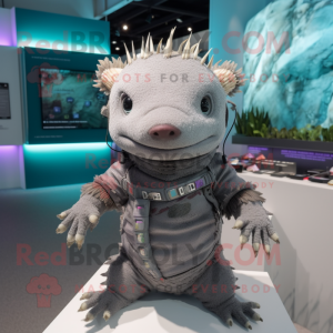 Gray Axolotls mascot costume character dressed with a Bodysuit and Bracelets