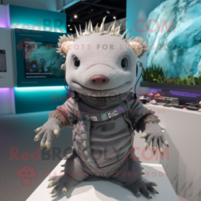 Gray Axolotls mascot costume character dressed with a Bodysuit and Bracelets