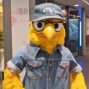 Yellow Haast'S Eagle mascot costume character dressed with a Chambray Shirt and Caps