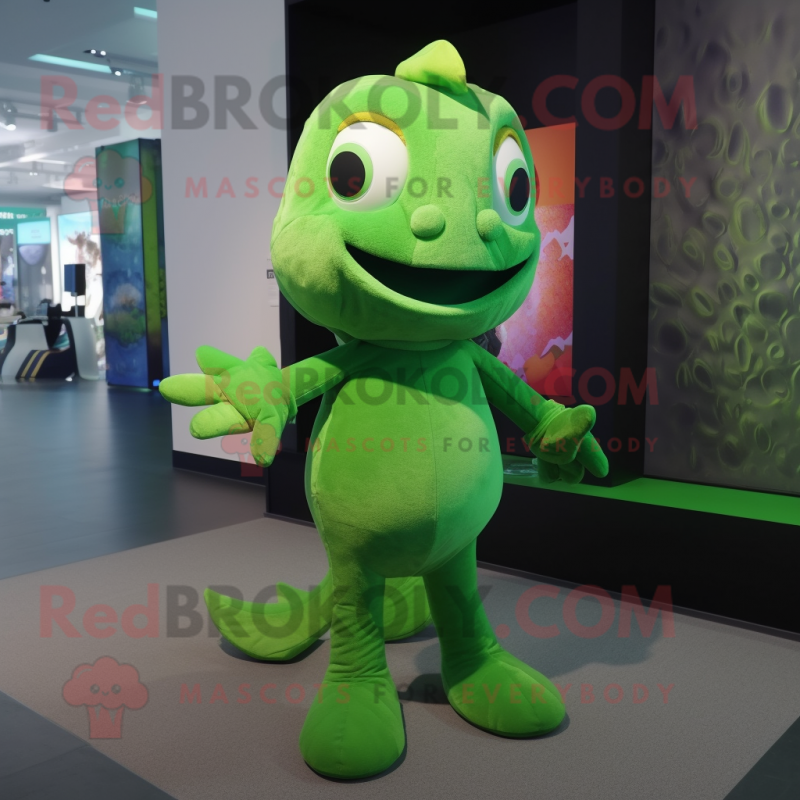 Green Goldfish mascot costume character dressed with a Jeggings and Foot pads Green Goldfish mascot costume character dressed with a Jeggings and Foot pads