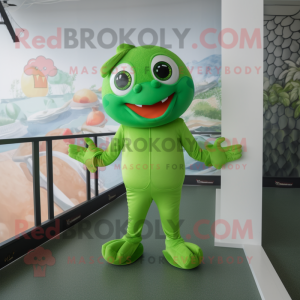 Green Goldfish mascot costume character dressed with a Jeggings and Foot pads