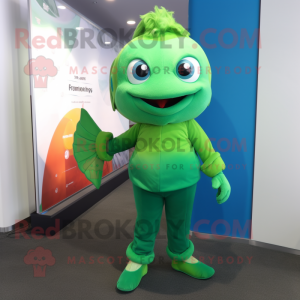 Green Goldfish mascot costume character dressed with a Jeggings and Foot pads