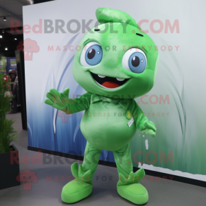 Green Goldfish mascot costume character dressed with a Jeggings and Foot pads