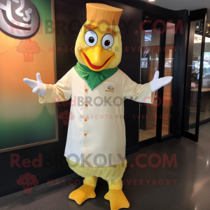 Olive Butter Chicken mascot costume character dressed with a Dress Shirt and Gloves