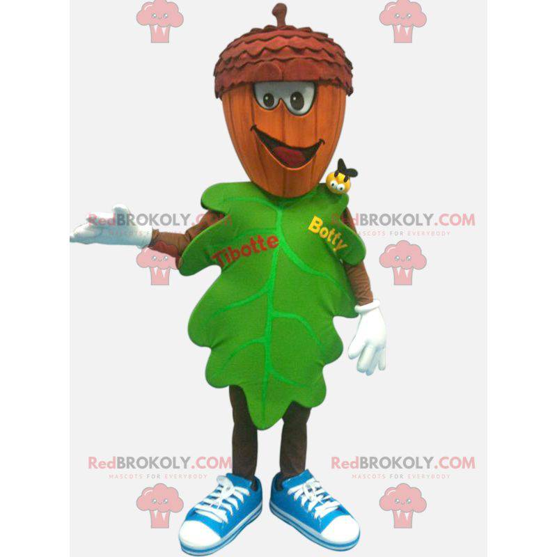 Green leaf mascot with an acorn-shaped head - Redbrokoly.com