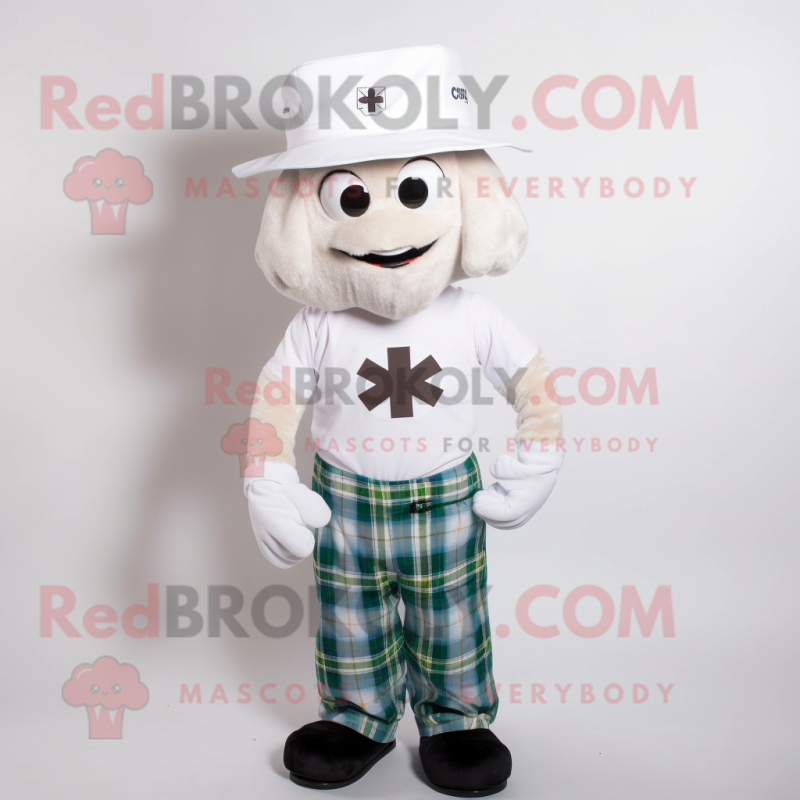 White Celtic Cross mascot costume character dressed with a Button-Up Shirt and Hat pins White Celtic Cross mascot costume character dressed with a Button-Up Shirt and Hat pins
