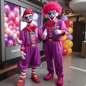 Magenta Clown mascot costume character dressed with a T-Shirt and Berets