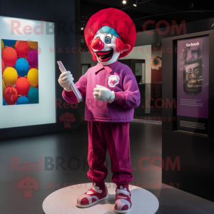 Magenta Clown mascot costume character dressed with a T-Shirt and Berets