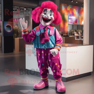Magenta Clown mascot costume character dressed with a T-Shirt and Berets
