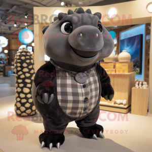 Black Glyptodon mascot costume character dressed with a Button-Up Shirt and Earrings