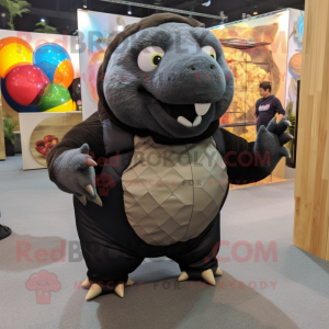 Black Glyptodon mascot costume character dressed with a Button-Up Shirt and Earrings