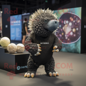 Black Glyptodon mascot costume character dressed with a Button-Up Shirt and Earrings