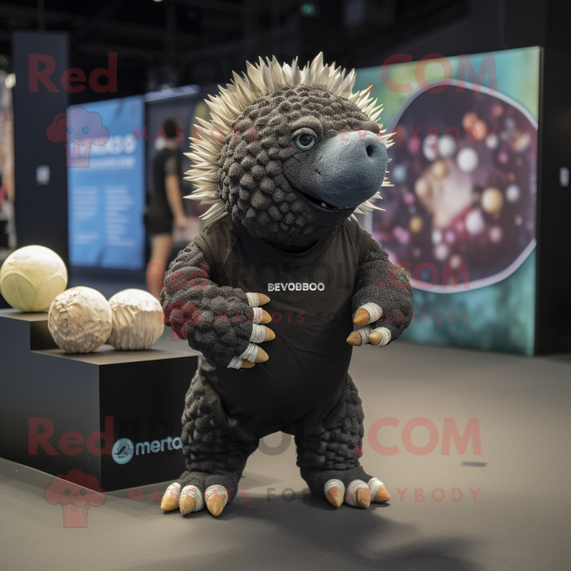 Black Glyptodon mascot costume character dressed with a Button-Up Shirt and Earrings Black Glyptodon mascot costume character dressed with a Button-Up Shirt and Earrings