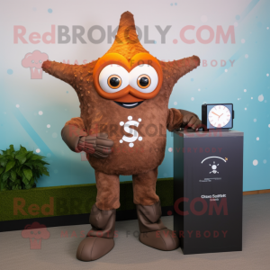 Brown Starfish mascot costume character dressed with a Turtleneck and Digital watches