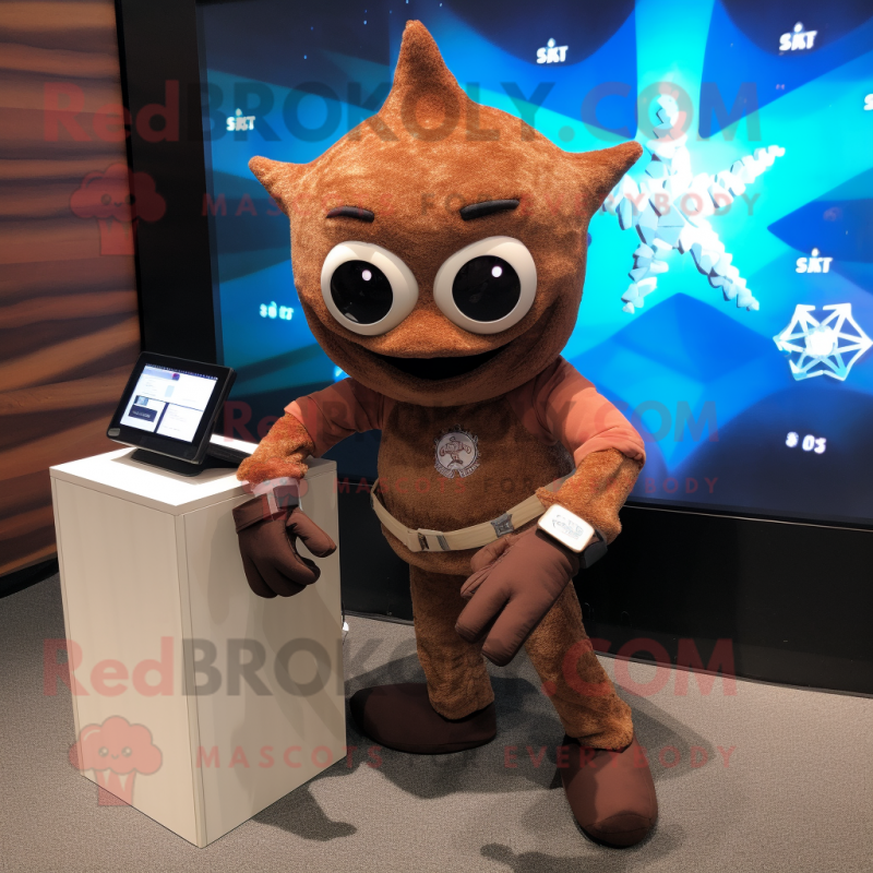Brown Starfish mascot costume character dressed with a Turtleneck and Digital watches