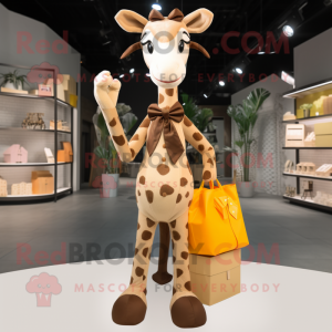 Brown Giraffe mascot costume character dressed with a Sheath Dress and Bow ties