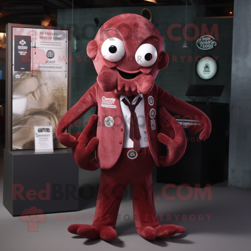 Maroon Octopus mascot costume character dressed with a Jumpsuit and Lapel pins