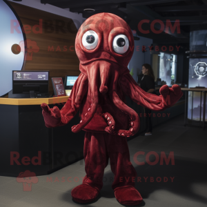 Maroon Octopus mascot costume character dressed with a Jumpsuit and Lapel pins