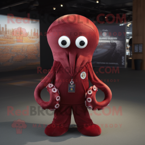 Maroon Octopus mascot costume character dressed with a Jumpsuit and Lapel pins