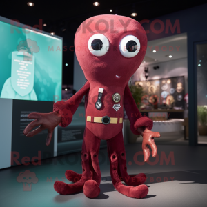 Maroon Octopus mascot costume character dressed with a Jumpsuit and Lapel pins