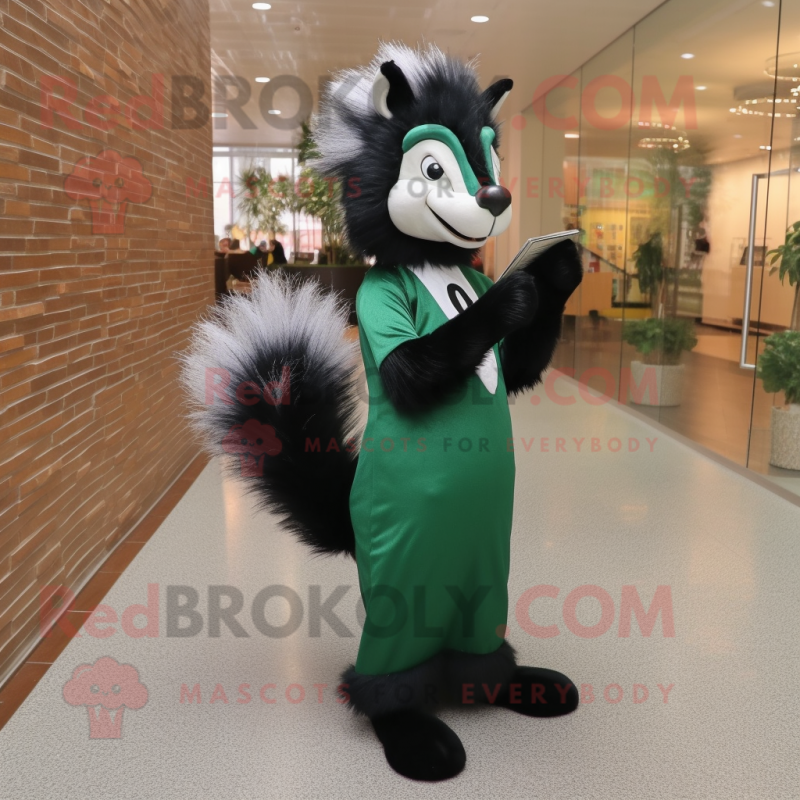 Forest Green Skunk mascot costume character dressed with a Sheath Dress and Hair clips